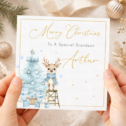 Personalised Christmas Card – Cute Reindeer & Pastel Blue Festive Tree