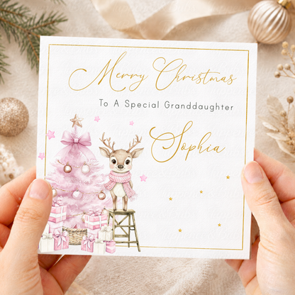 Personalised Christmas Card – Cute Reindeer & Pastel Blue Festive Tree