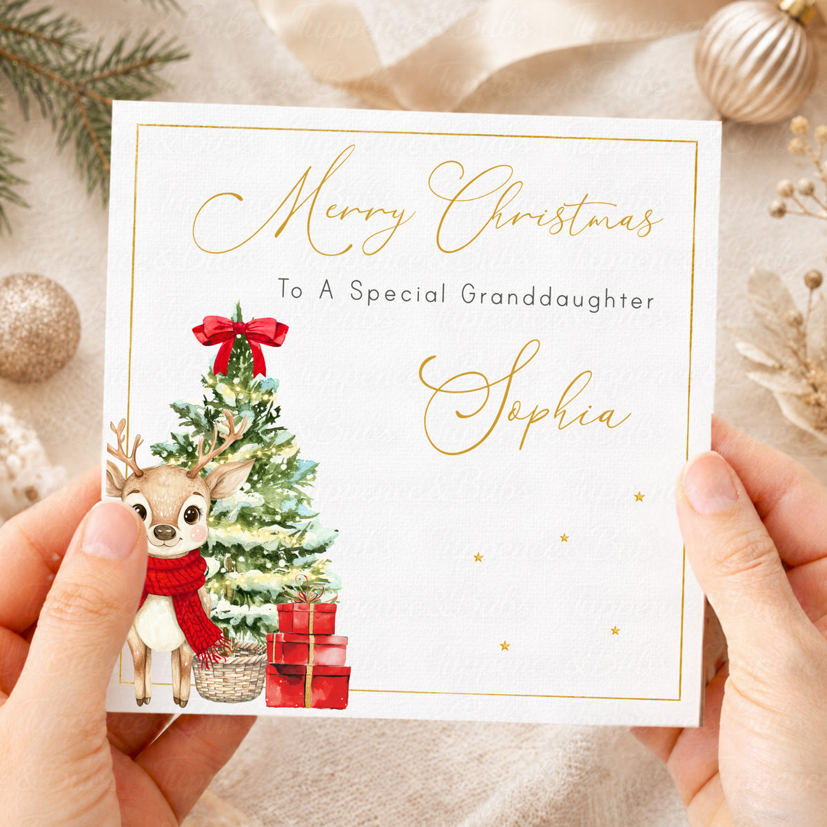 Personalised Christmas Card – Cute Reindeer & Pastel Blue Festive Tree