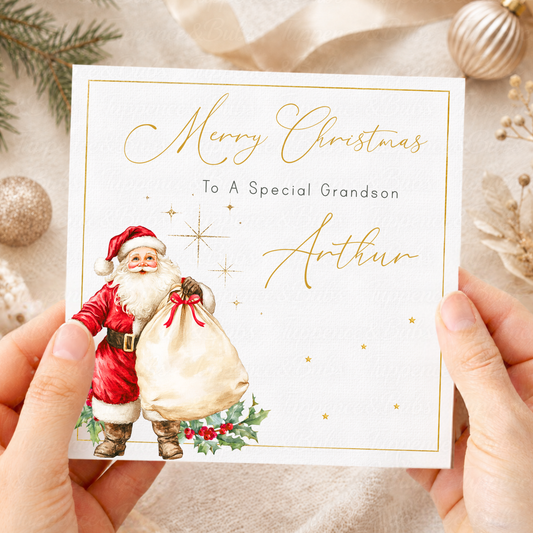 Personalised Christmas Card – Traditional Santa Claus & Gift Sack Design