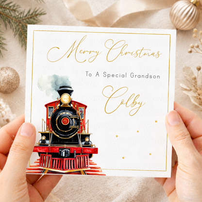 Personalised Christmas Card – Vintage Red & Gold Steam Train Design
