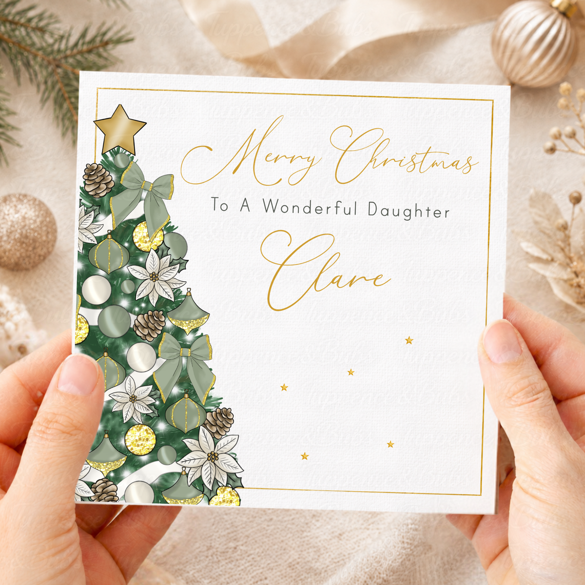 Elegant Personalised Christmas Card – Sage Green & Gold Christmas Tree Design