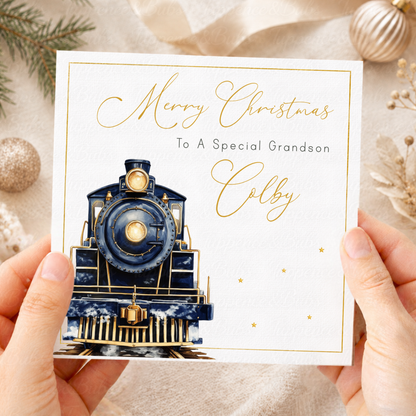 Personalised Christmas Card – Vintage Red & Gold Steam Train Design