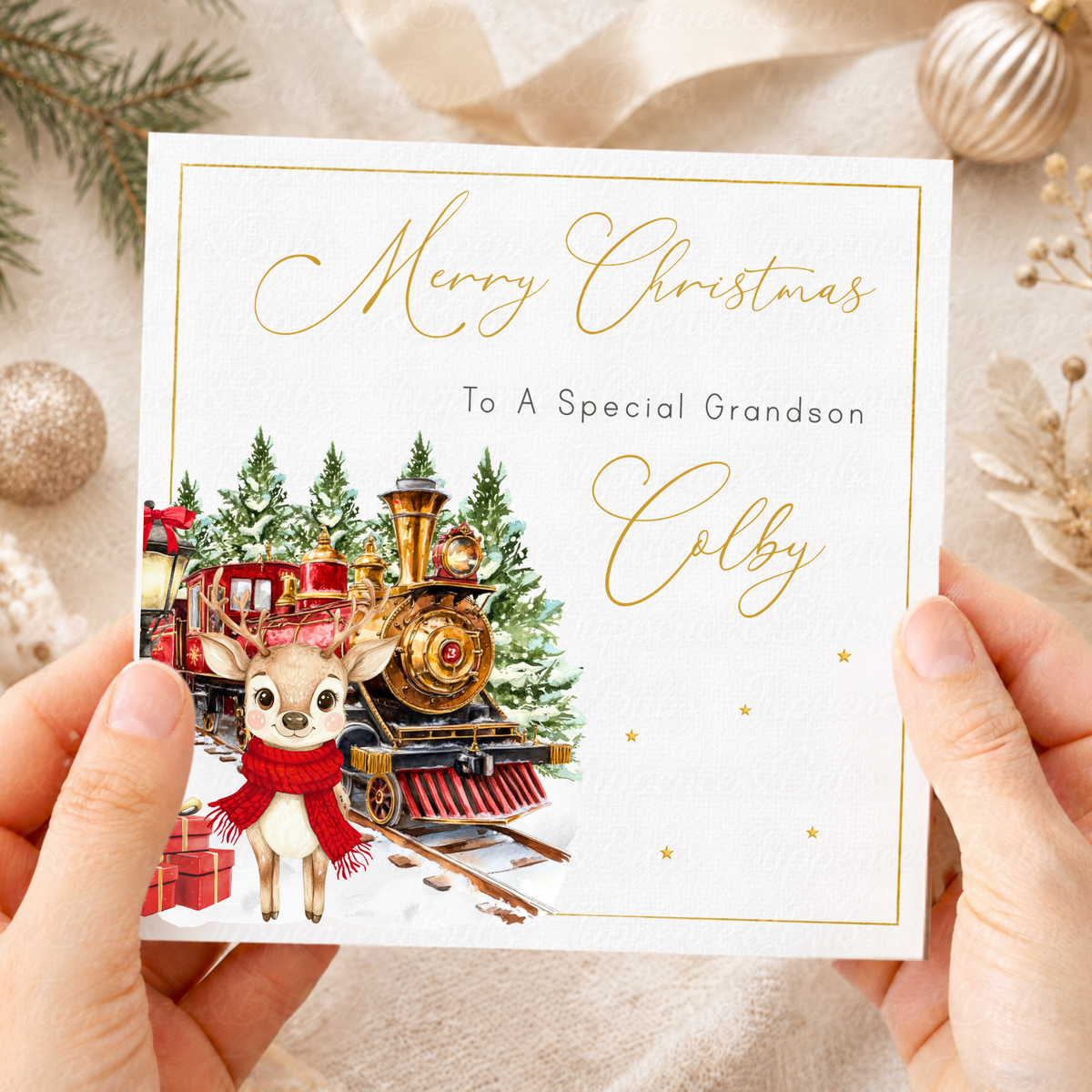 Personalised Christmas Card – Reindeer & Vintage Steam Train Design
