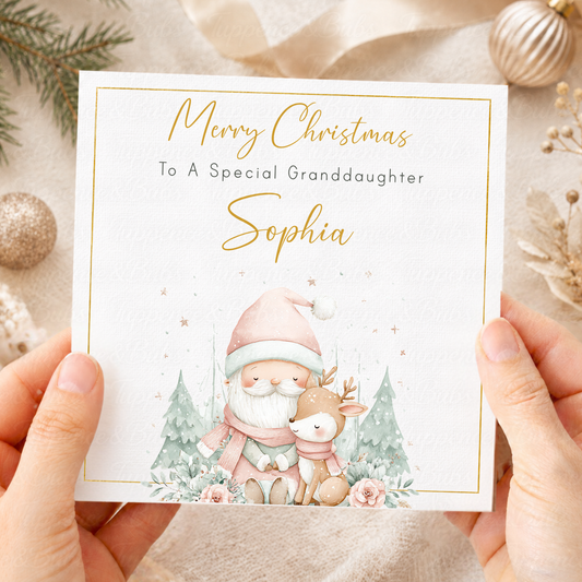 Personalised Christmas Card – Pastel Pink Santa & Baby Reindeer Design