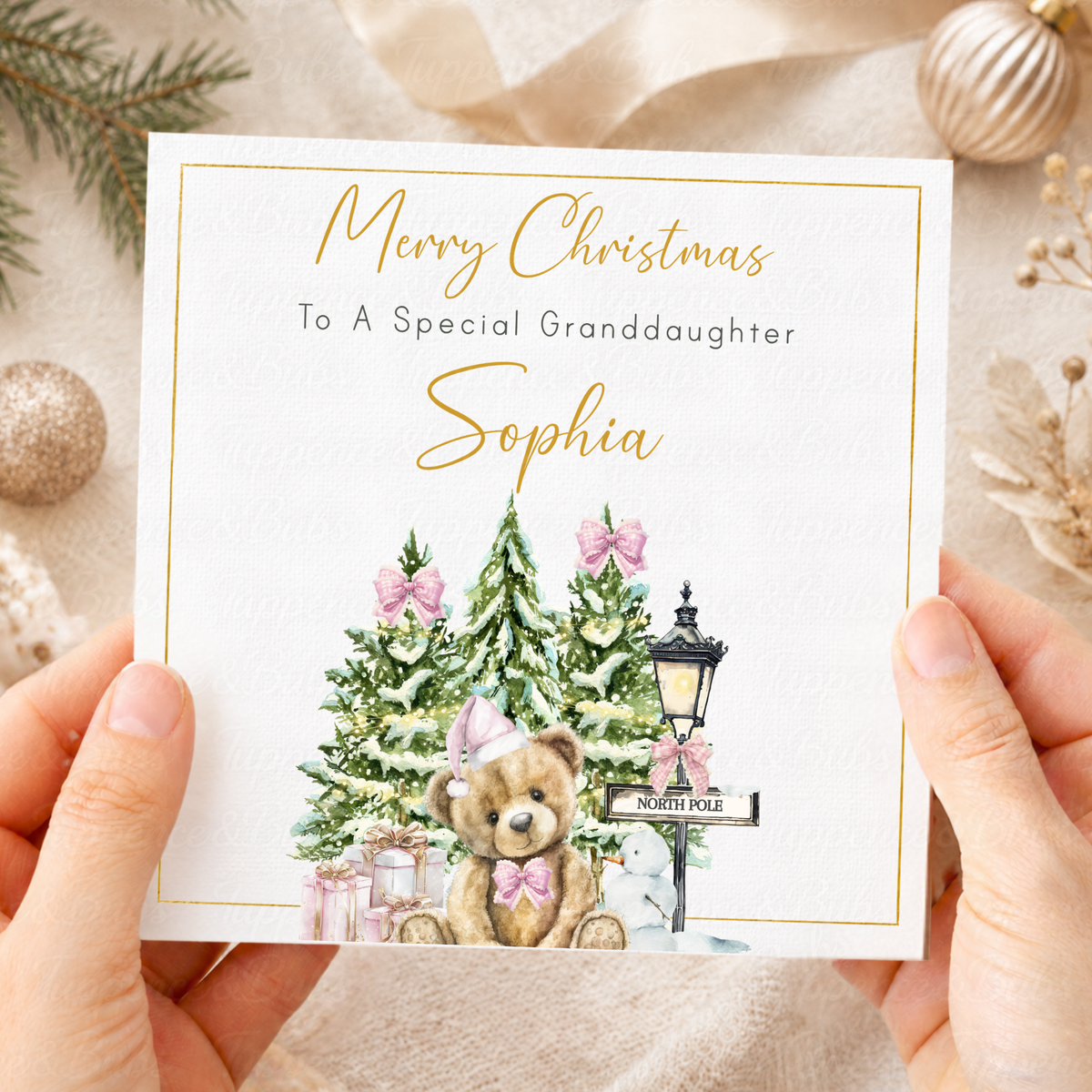 Personalised Christmas Card – North Pole Teddy Bear Pink & Blue Designs
