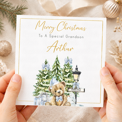 Personalised Christmas Card – North Pole Teddy Bear Pink & Blue Designs