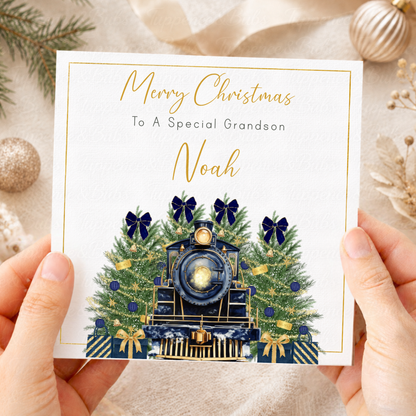 Personalised Christmas Card – Pink or Navy Blue Steam Train & Festive Trees