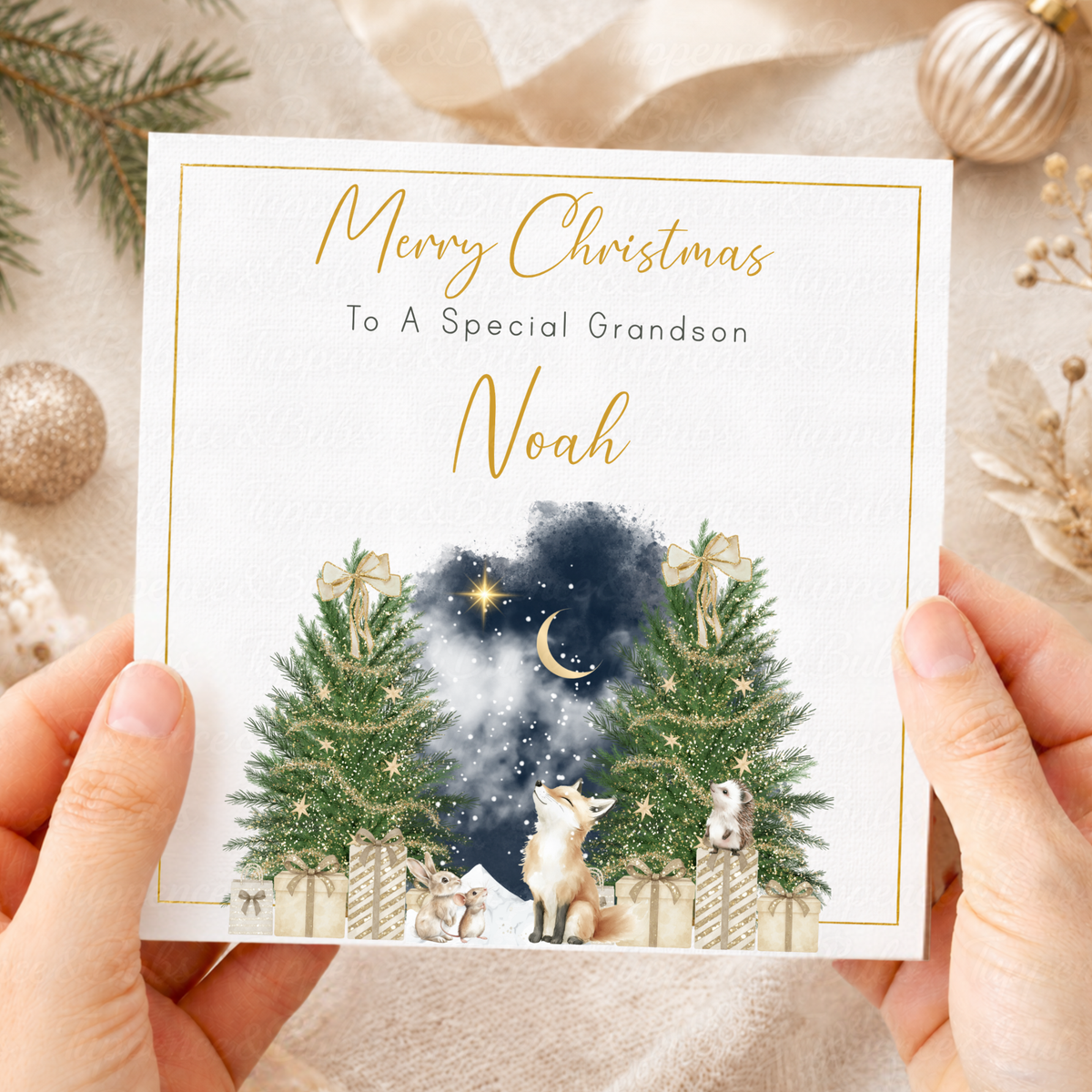 Personalised Christmas Card – Magical Woodland Fox & Starry Night Design