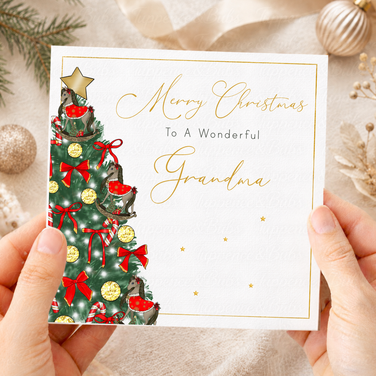 Traditional Christmas Card – Rocking Horse Christmas Tree Red & Gold Design