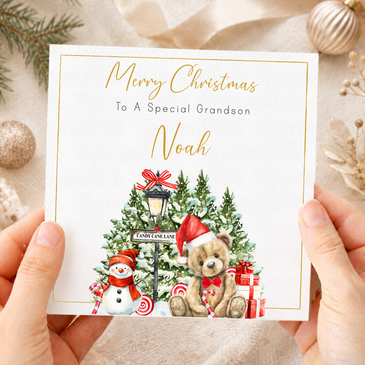 Personalised Christmas Card – Teddy Bear at Candy Cane Lane