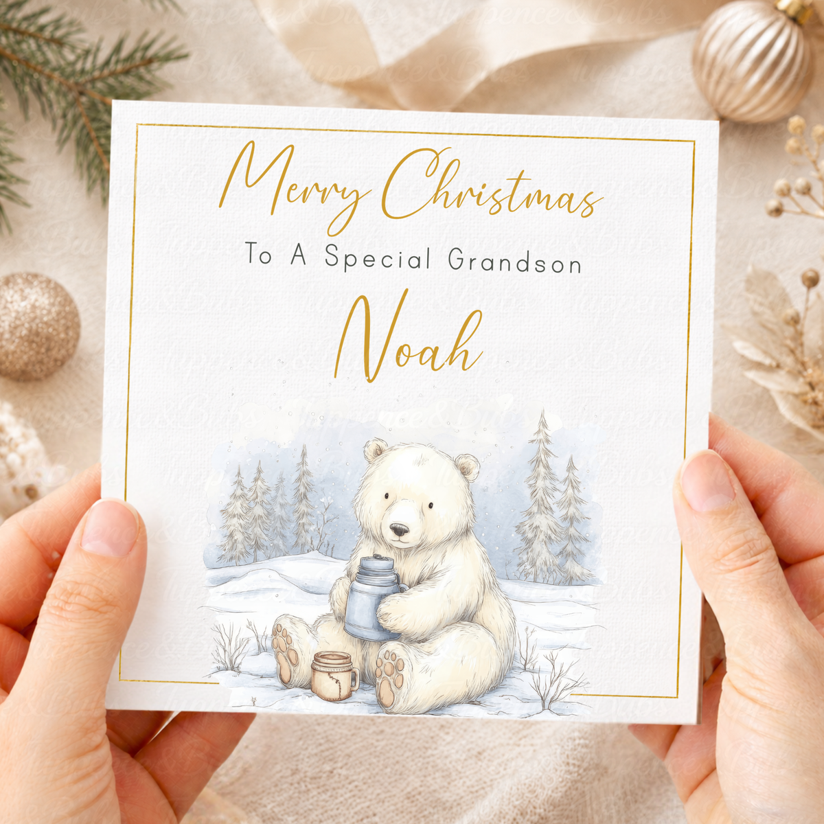 Personalised Christmas Card – Cute Polar Bear Snowy Winter Scene
