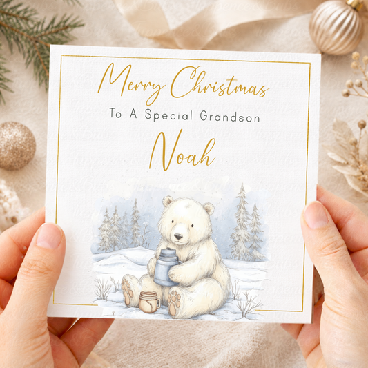 Personalised Christmas Card – Cute Polar Bear Snowy Winter Scene