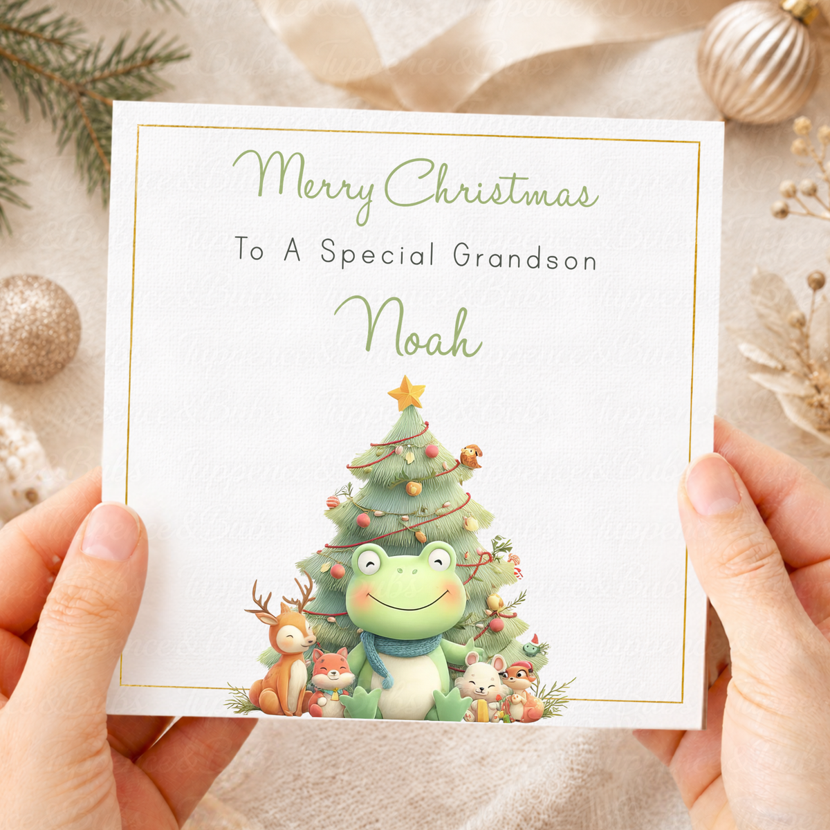 Personalised Christmas Card – Cute Frog & Woodland Friends Festive Tree