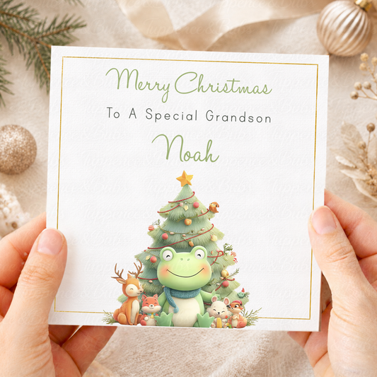 Personalised Christmas Card – Cute Frog & Woodland Friends Festive Tree