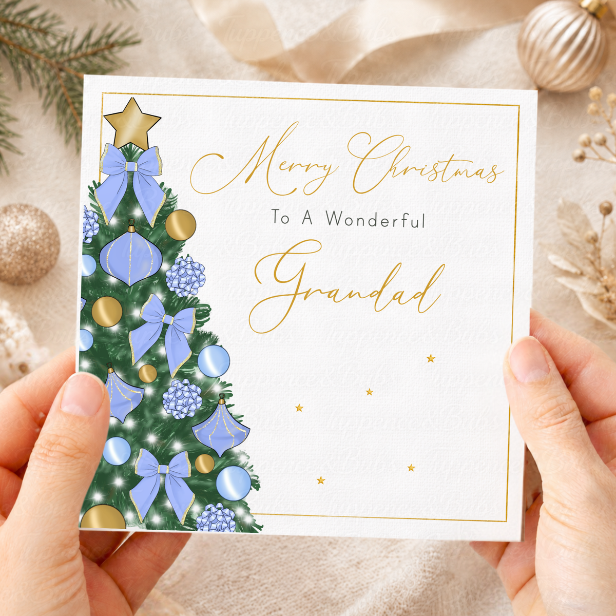 Elegant Christmas Card – Powder Blue & Gold Christmas Tree Design