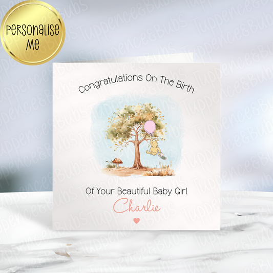 Pooh Bear Themed New Baby Card - Pink or Blue