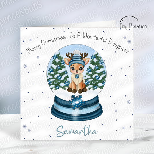 Blue Themed Reindeer Snowglobe Card - 2 Designs