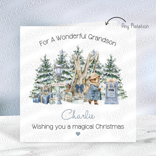 Blue & Gold Bear Themed Christmas Card