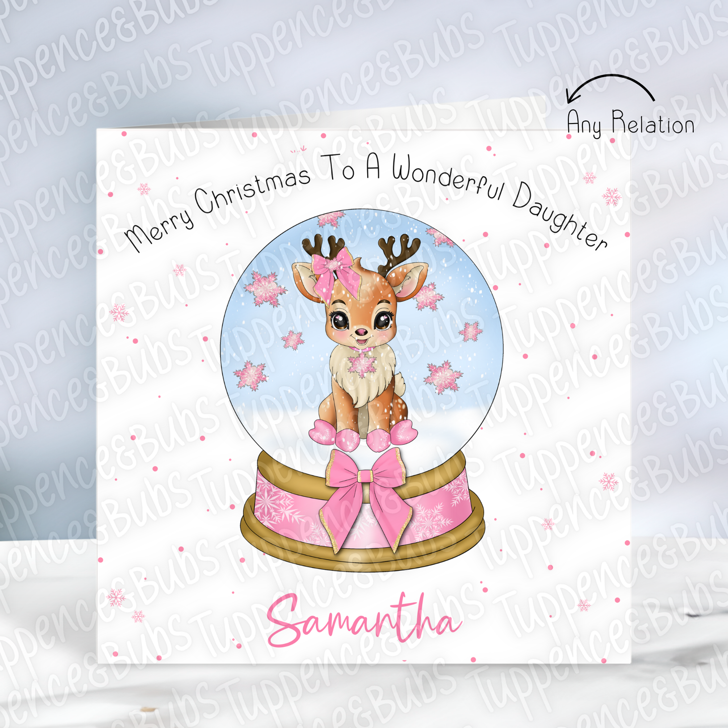 Pink Reindeer Snowglobe Christmas Card - 2 Designs