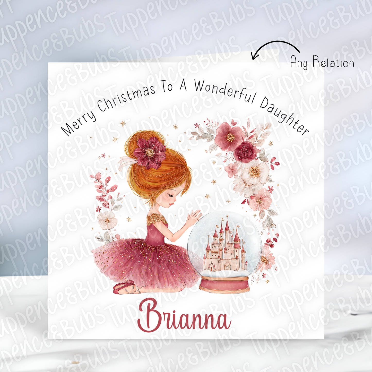 Floral Burgundy Ballerina Christmas Card - 5 Hair Colours