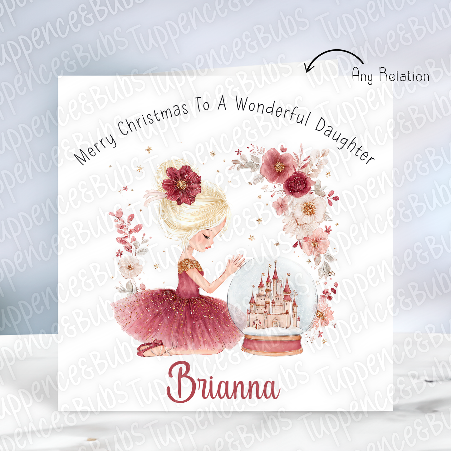 Floral Burgundy Ballerina Christmas Card - 5 Hair Colours