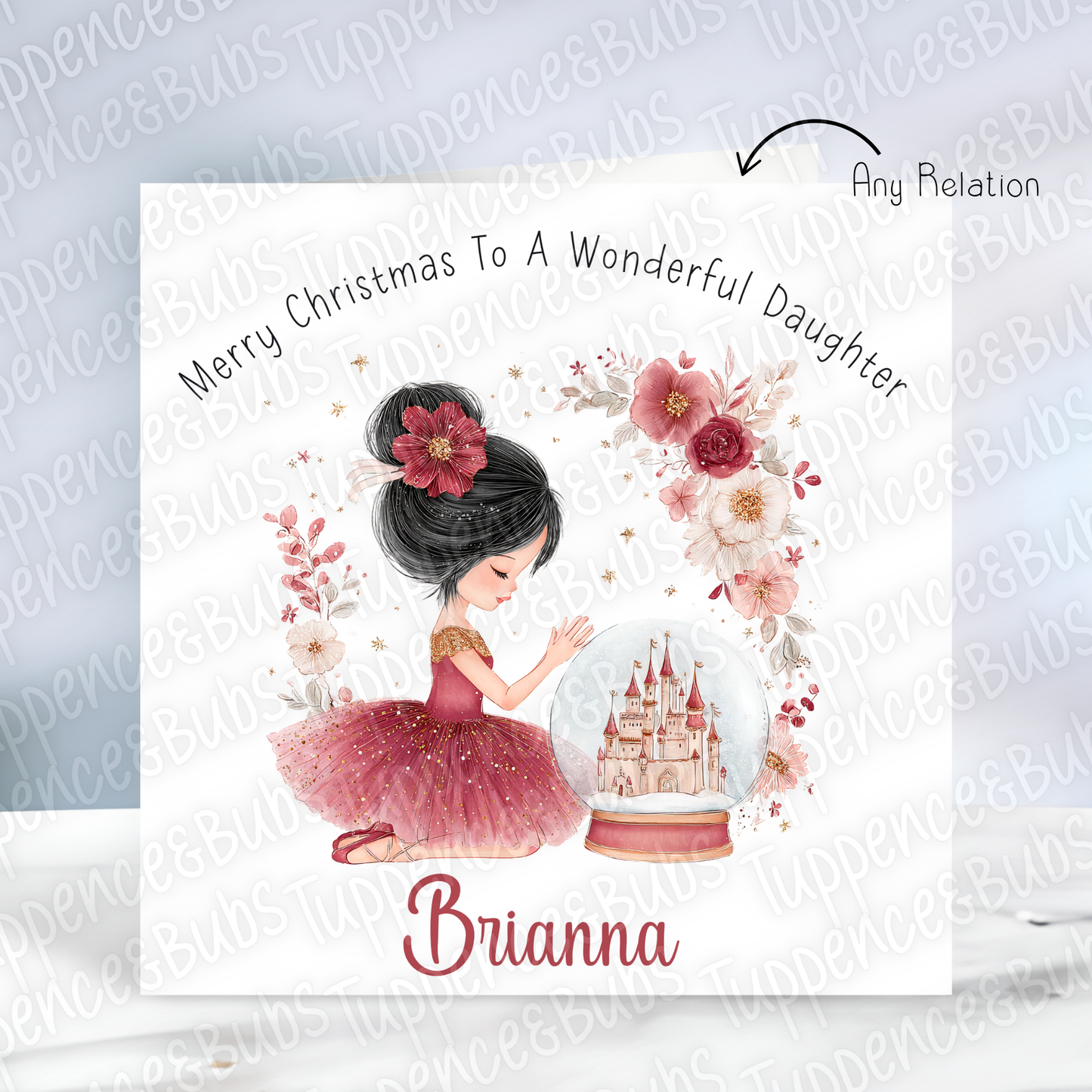 Floral Burgundy Ballerina Christmas Card - 5 Hair Colours