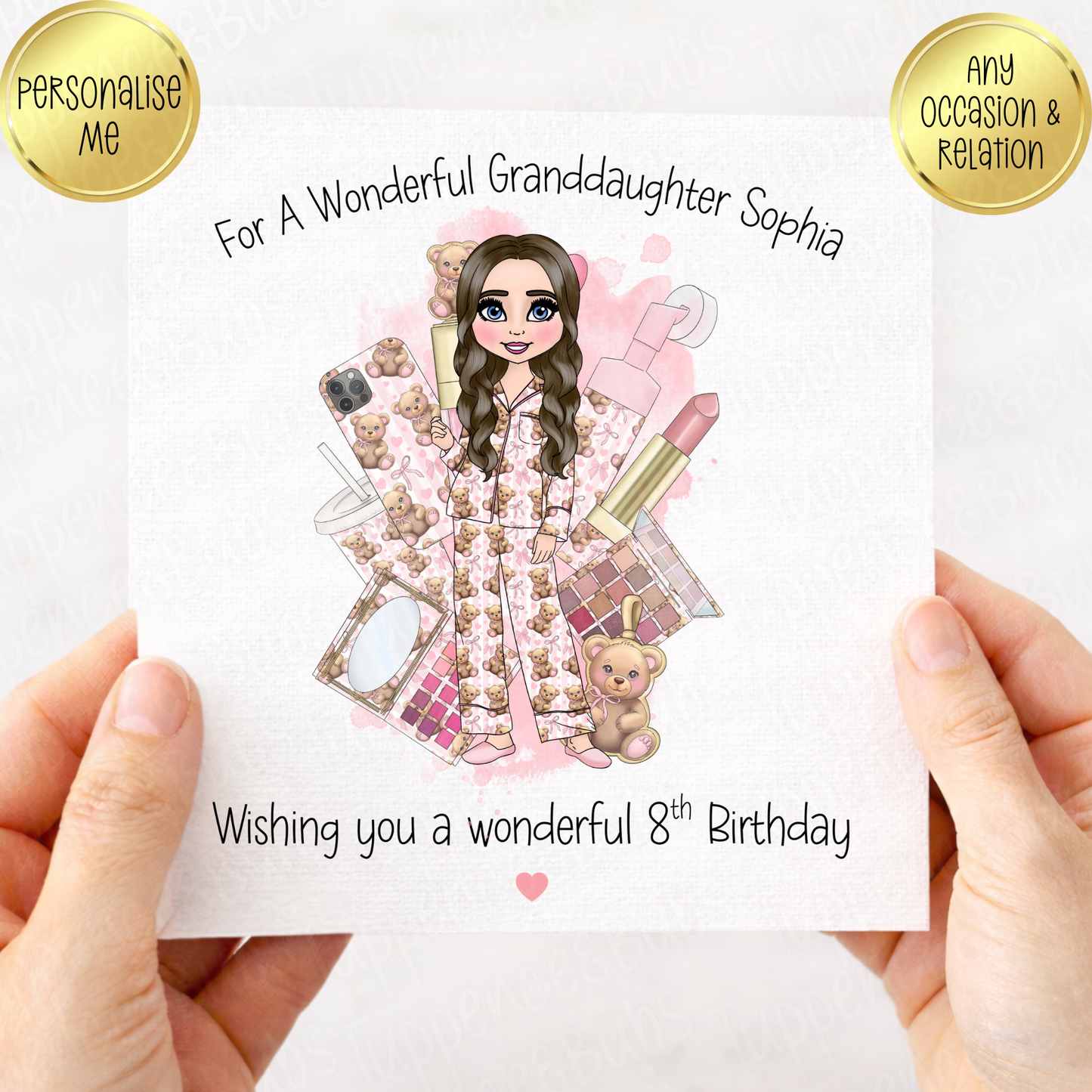 Pink Make Up Bear PJ's Inspired Card