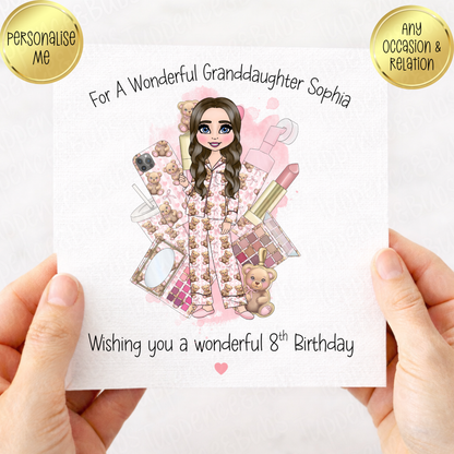 Pink Make Up Bear PJ's Inspired Card