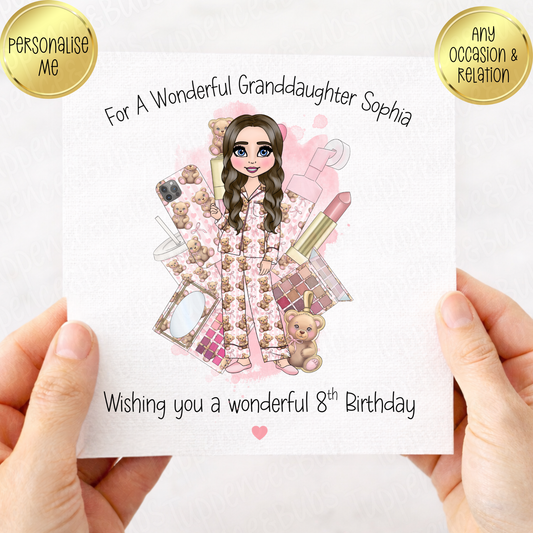 Pink Make Up Bear PJ's Inspired Card