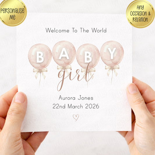 Pink Balloon Baby Announcement Card