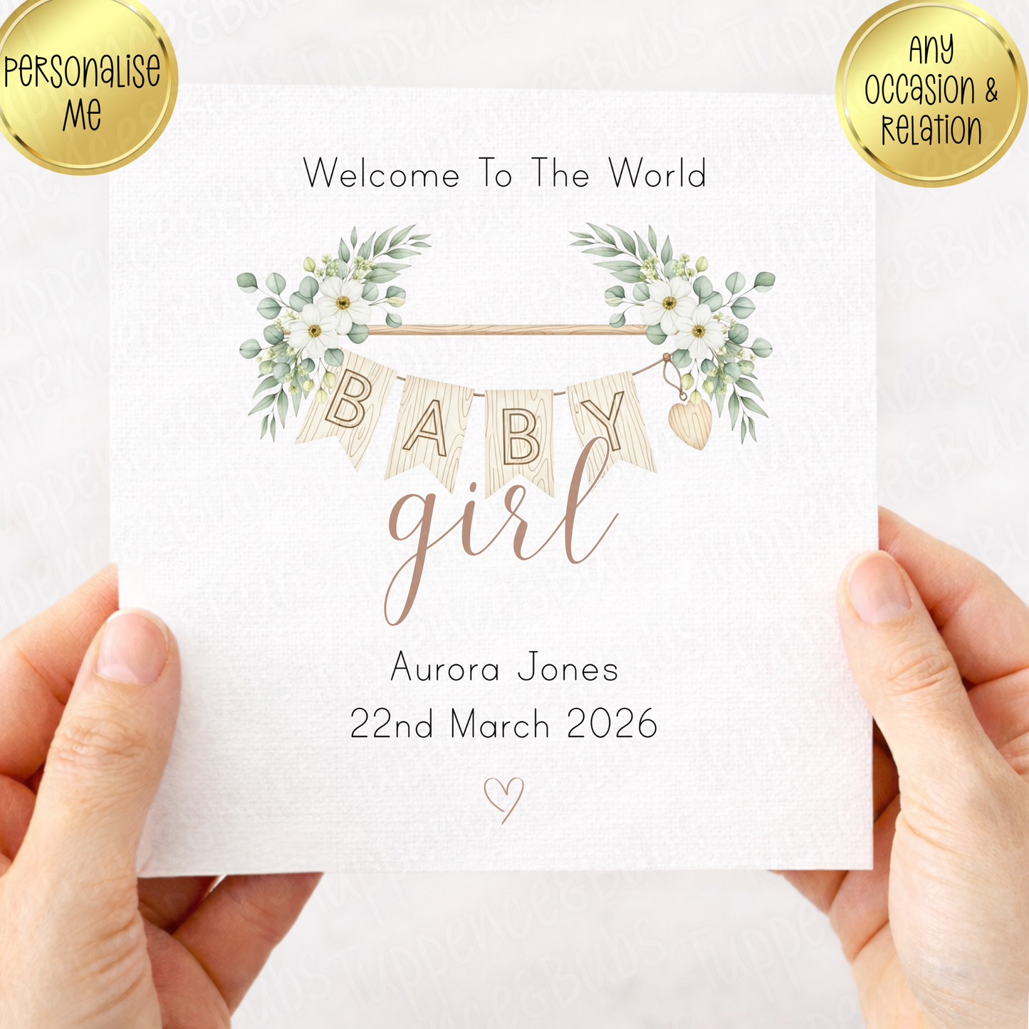 Beige Bunting Themed Baby Announcement Card