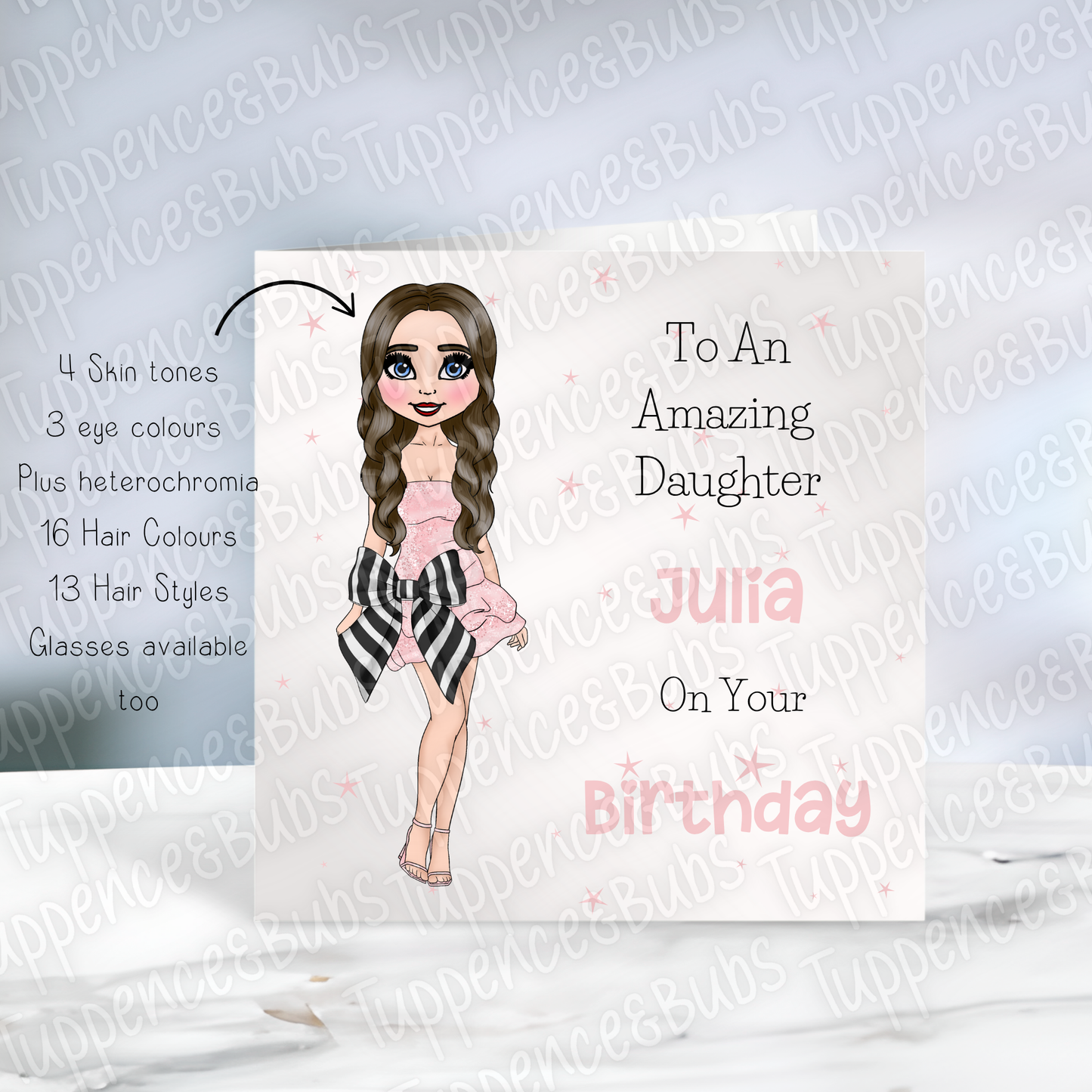 Black & White Pjs/Pink Dress Birthday Card - 2 Designs