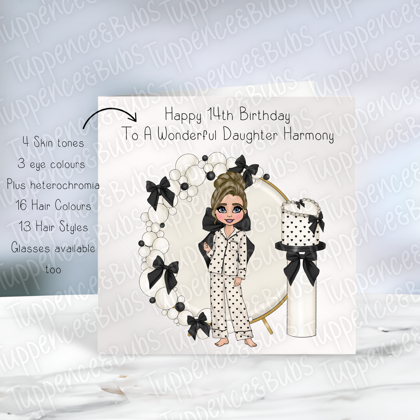 Cream & Black Bow PJ Theme Birthday Card - 2 designs