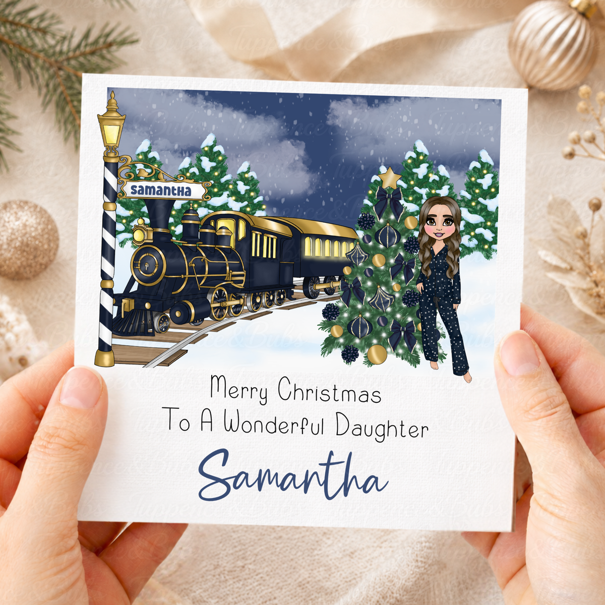 Personalised Navy & Gold Christmas Train Card