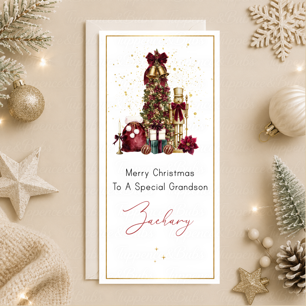 Personalised Burgundy Santa and Nutcracker Christmas Money Card