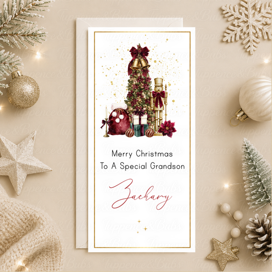 Personalised Burgundy Santa and Nutcracker Christmas Money Card