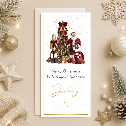 Personalised Burgundy Santa and Nutcracker Christmas Money Card