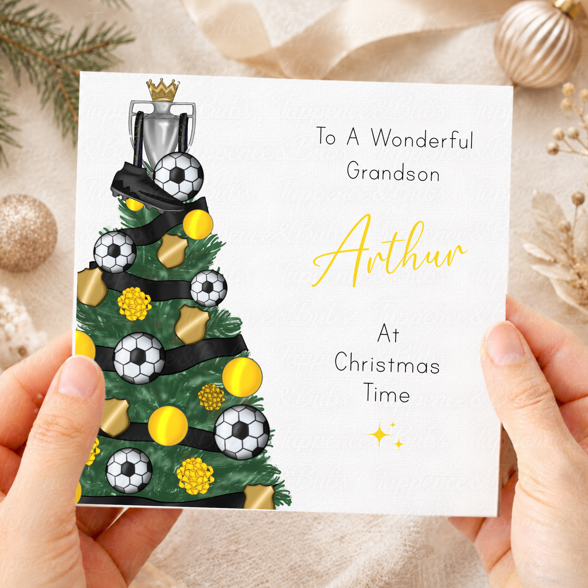 Personalised Christmas Card – Football Tree, Trophy & Boots