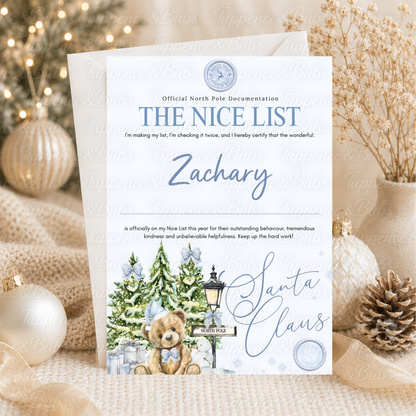Personalised Blue Teddy Bear Nice List Certificate