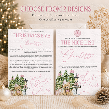 Personalised Pink Teddy Bear Christmas Certificate