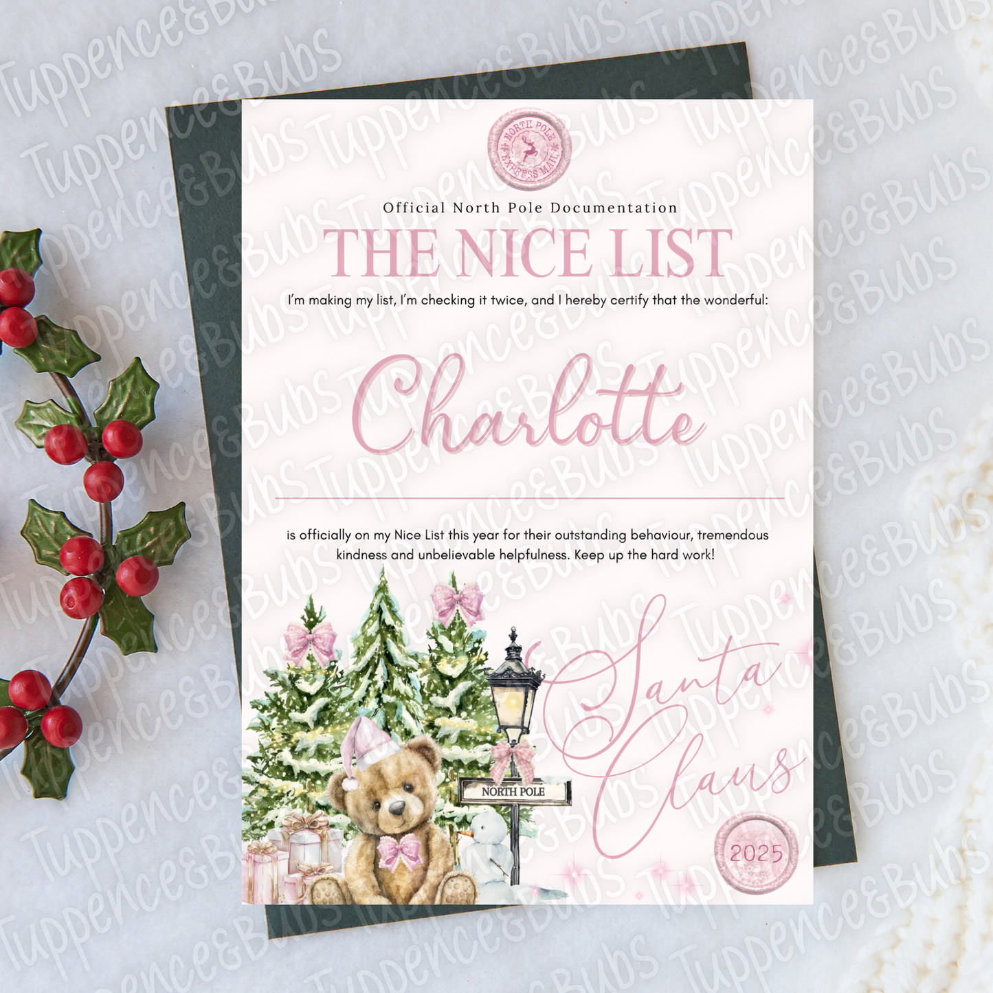 Pink Bear Themed Nice List Certificate - Personalised