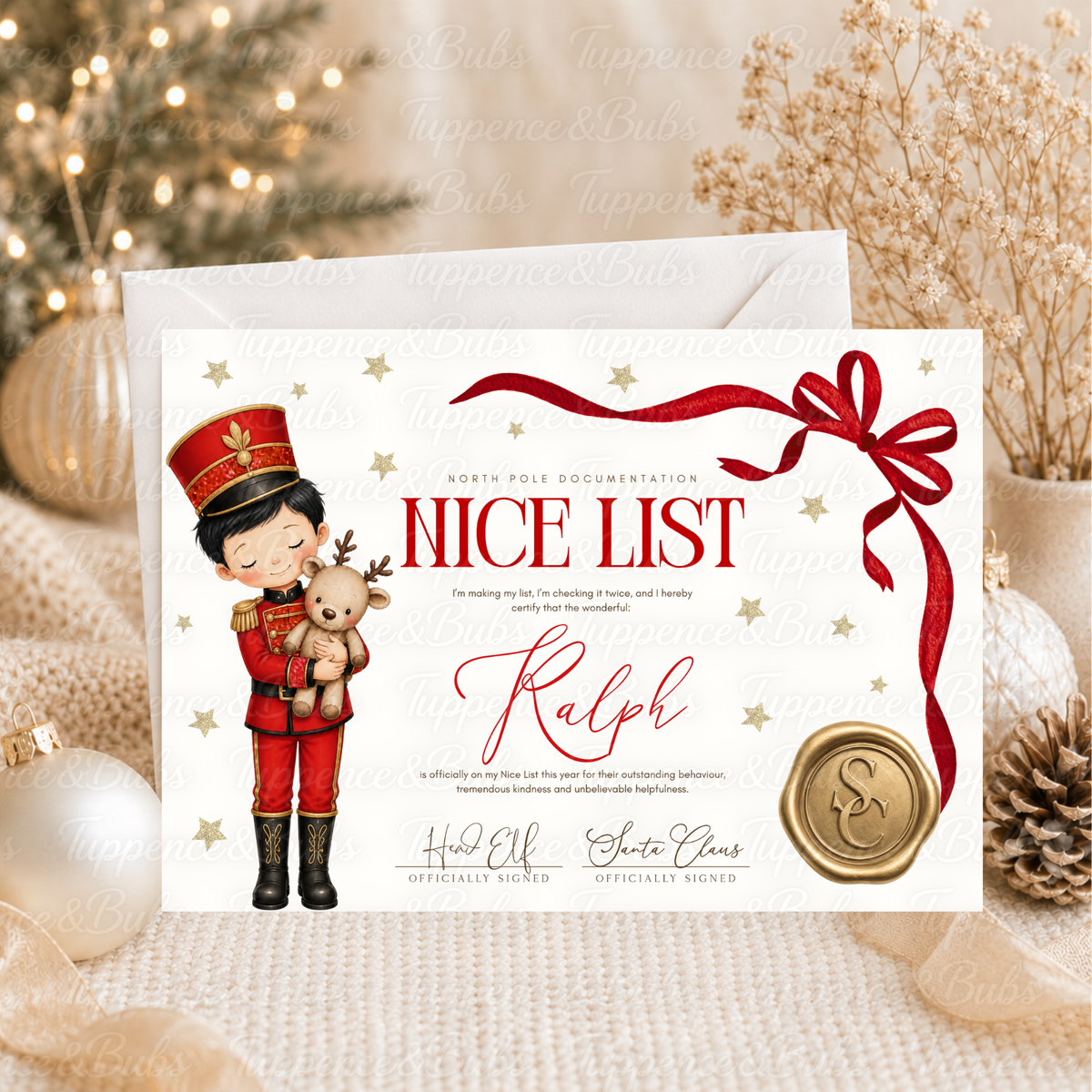 Personalised Santa Nice List Certificate – Nutcracker Boy & Reindeer