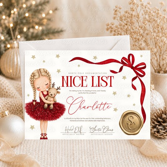 Personalised Santa Nice List Certificate – Red Ballerina & Reindeer