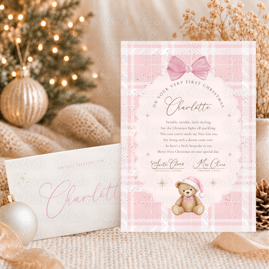 Personalised First Christmas Letter From Santa & Envelope – Pink Teddy