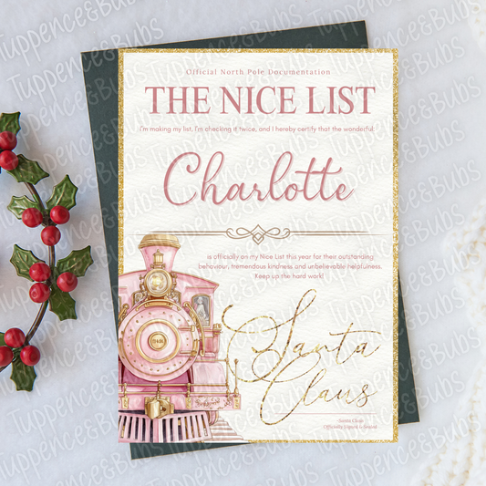 Pink Express Train Nice List Certificate