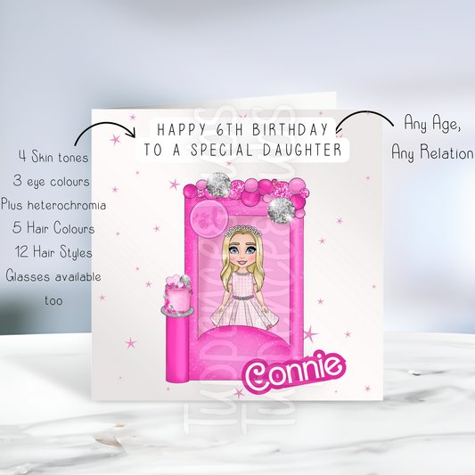 Pink Doll Themed Birthday Card
