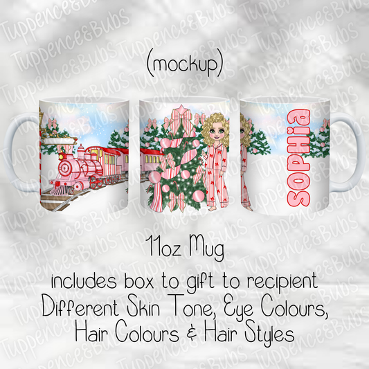 Pink Stripe Red Bow Express Train Christmas Mug