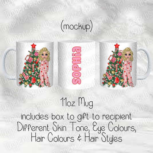 Red Bow Pink Stripe Christmas Mug - 2 Designs