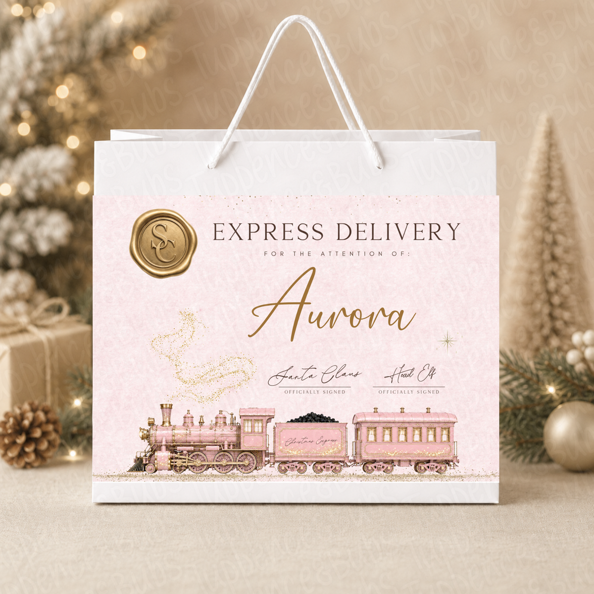 Personalised 30cm Pink Christmas Train Gift Bag